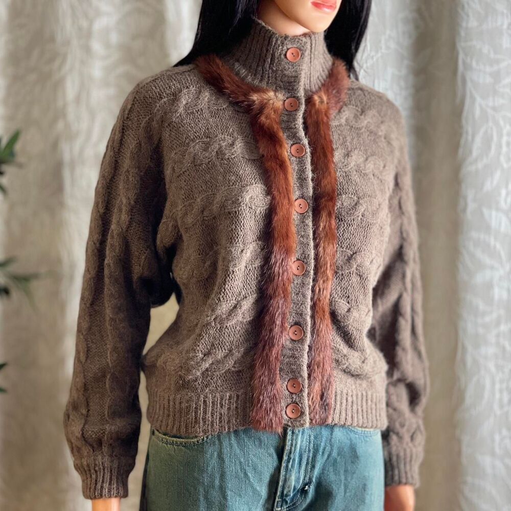 Vintage 70s Cable Knit Cardigan Real Fur‎ Trim Brown Mock Neck Button-Up Size L
